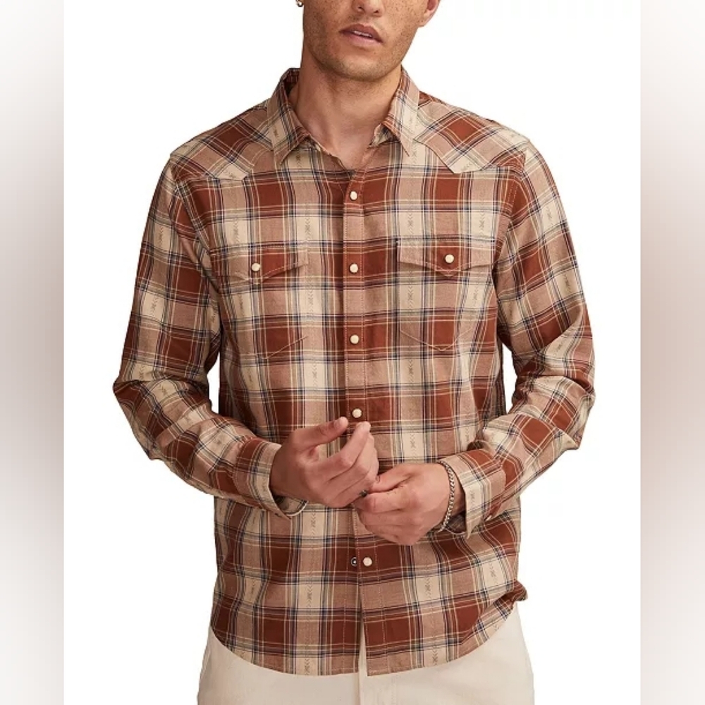 Lucky Brand Men's Dobby Western Long Sleeve Snap-Front Plaid Shirt Size XXL